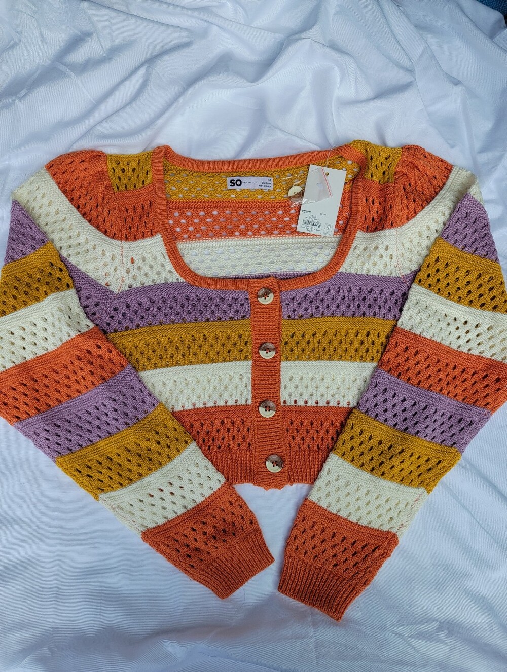 SO Cropped Open-Knit Striped Cardigan - Orange, Cream, Mustard, Lavender